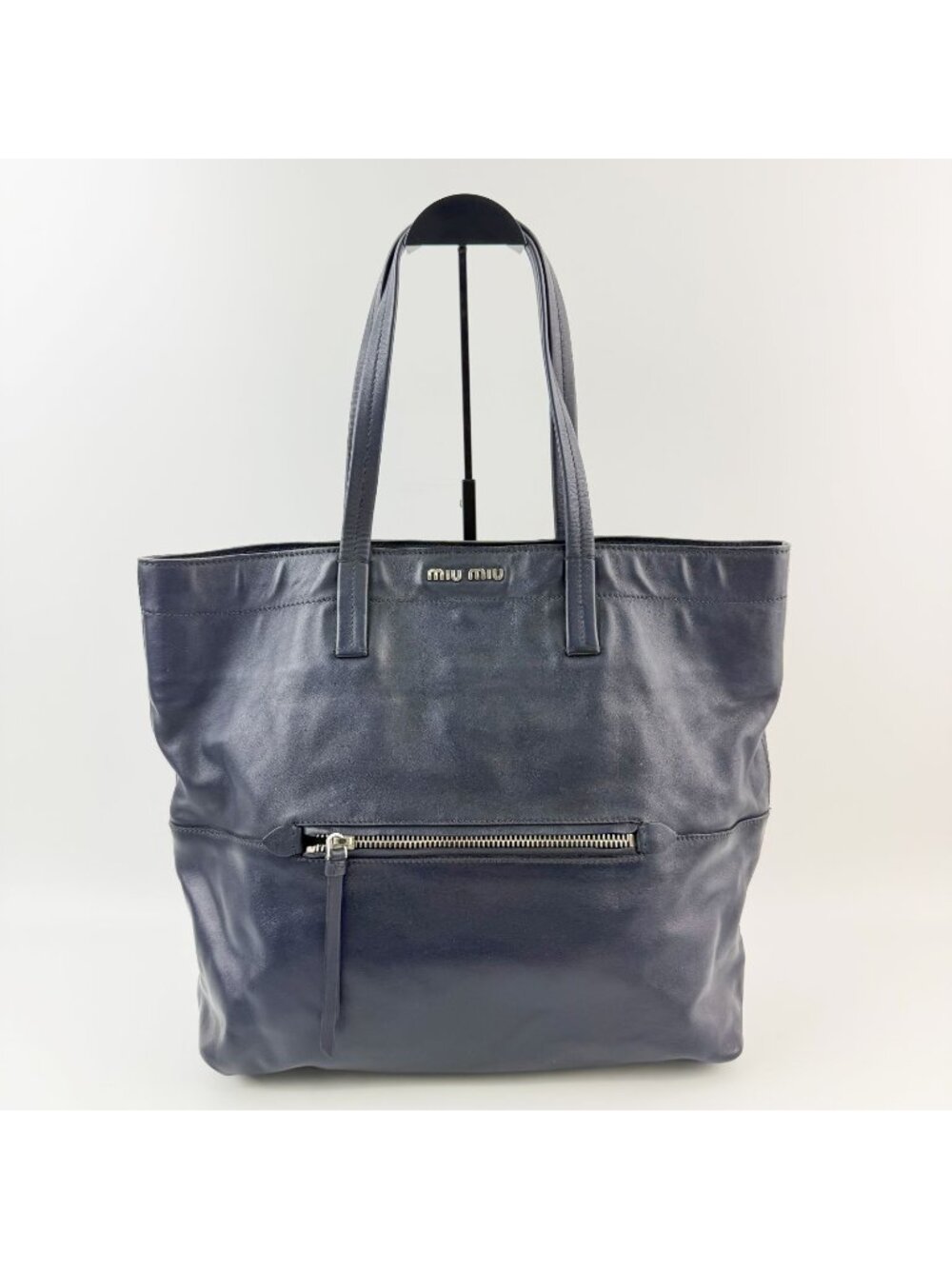 Miu Miu Logo Front Zipper Pocket Tote Shoulder Bag Leather Navy Vintage